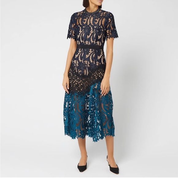 Self Portrait Prairie Midi Dress in Blue Guipure Lace - Picture 2 of 2